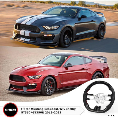 Real Carbon Fiber Steering Wheel For Ford Mustang V6/GT/Shelby GT500 2018-2023 D-shaped Nappa Perforated Leather LED Display Shift Indicator Flat-bottom Steering Wheel