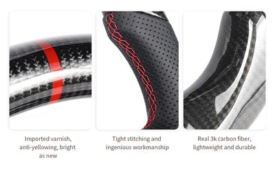 Real Carbon Fiber Flat Bottom Steering Wheel, Perforated Leather Grip Direct Replacement Upgrade for Ford F-150 Raptor 2021-2025, Track Racing Sport Interior Mod