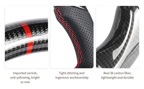 Real Carbon Fiber Flat Bottom Steering Wheel, Perforated Leather Grip Direct Replacement Upgrade for Ford F-150 Raptor 2021-2025, Track Racing Sport Interior Mod
