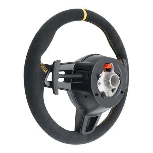 Racing Style Steering Wheel With Yellow Marker Line & Yellow Stitching For Porsche Macan Panamera Taycan Cayenne 718 Cayman Boxster 991 992 911 Upgrade Car Steering Wheel Accessories