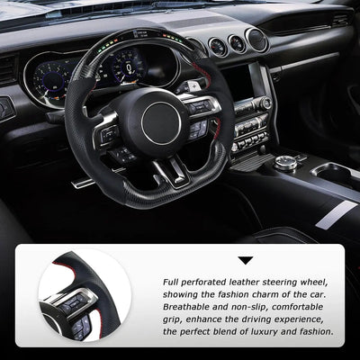 Real Carbon Fiber Steering Wheel For Ford Mustang V6/GT/Shelby GT500 2018-2023 D-shaped Nappa Perforated Leather LED Display Shift Indicator Flat-bottom Steering Wheel