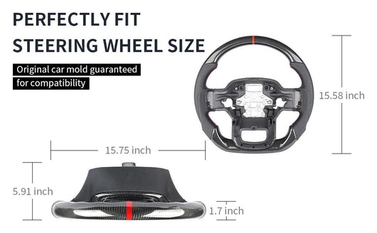 Real Carbon Fiber Flat Bottom Steering Wheel, Perforated Leather Grip Direct Replacement Upgrade for Ford F-150 Raptor 2021-2025, Track Racing Sport Interior Mod