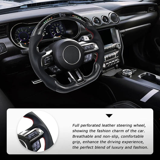 Real Carbon Fiber Steering Wheel For Ford Mustang V6/GT/Shelby GT500 2018-2023 D-shaped Nappa Perforated Leather LED Display Shift Indicator Flat-bottom Steering Wheel