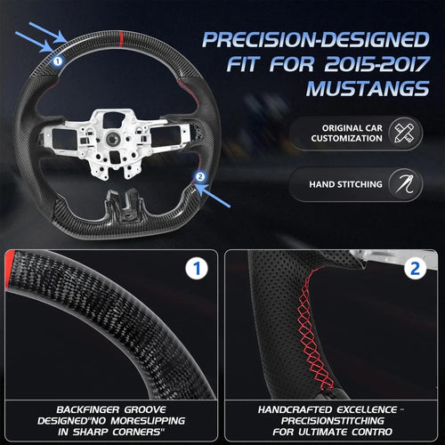 Racing Sport Steering Wheel, Custom Carbon Fiber Leather Interior Replacement Mod Parts For Ford Mustang 2015-2017