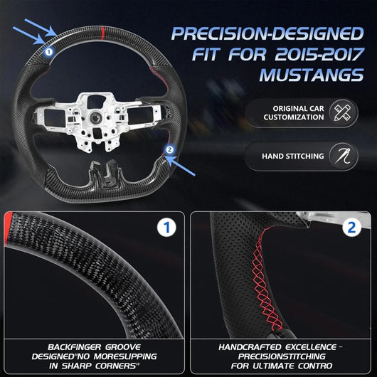 Racing Sport Steering Wheel, Custom Carbon Fiber Leather Interior Replacement Mod Parts For Ford Mustang 2015-2017