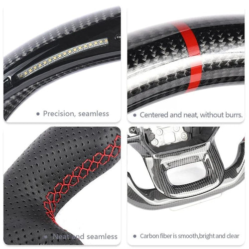 Real Carbon Fiber Flat Bottom Steering Wheel, Perforated Leather Grip Direct Replacement Upgrade for Ford F-150 Raptor 2021-2025, Track Racing Sport Interior Mod