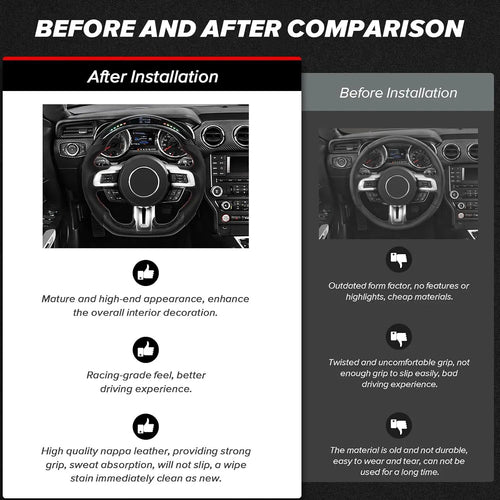 Real Carbon Fiber Steering Wheel For Ford Mustang V6/GT/Shelby GT500 2018-2023 D-shaped Nappa Perforated Leather LED Display Shift Indicator Flat-bottom Steering Wheel