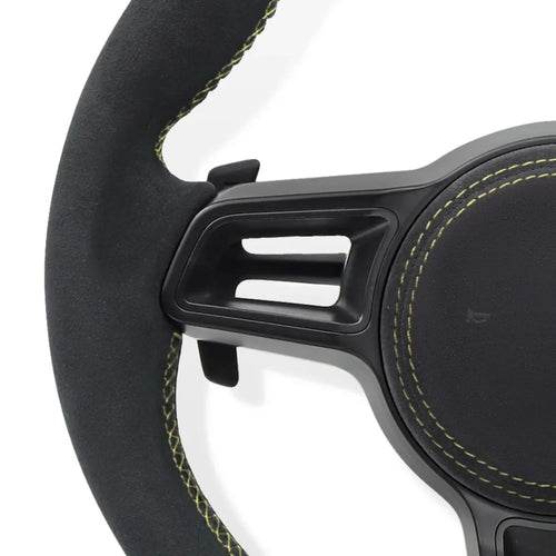 Racing Style Steering Wheel With Yellow Marker Line & Yellow Stitching For Porsche Macan Panamera Taycan Cayenne 718 Cayman Boxster 991 992 911 Upgrade Car Steering Wheel Accessories