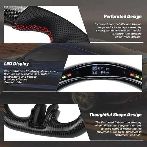 Real Carbon Fiber Steering Wheel For Ford Mustang V6/GT/Shelby GT500 2018-2023 D-shaped Nappa Perforated Leather LED Display Shift Indicator Flat-bottom Steering Wheel