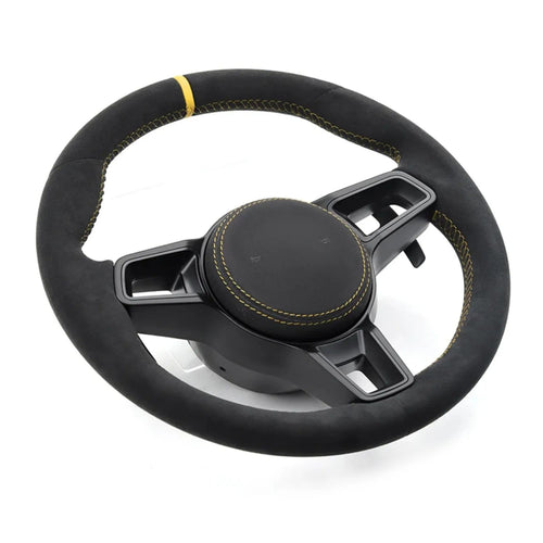 Racing Style Steering Wheel With Yellow Marker Line & Yellow Stitching For Porsche Macan Panamera Taycan Cayenne 718 Cayman Boxster 991 992 911 Upgrade Car Steering Wheel Accessories