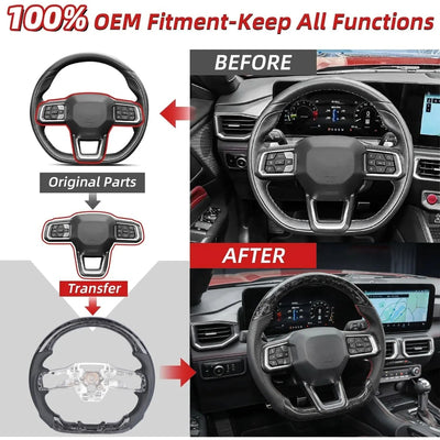 Track Style Flat Bottom Steering Wheel with Black Forged Carbon Fiber & Perforated Sport Grips, Car Modification Replacement Parts Fit for Ford Mustang 2024-2026 S650 GT Dark Horse EcoBoost