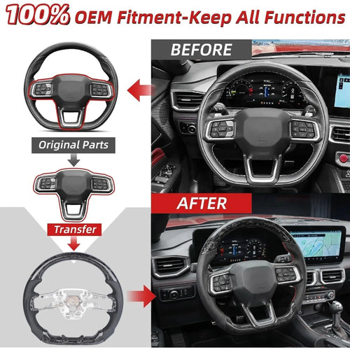 Track Style Flat Bottom Steering Wheel with Black Forged Carbon Fiber & Perforated Sport Grips, Car Modification Replacement Parts Fit for Ford Mustang 2024-2026 S650 GT Dark Horse EcoBoost
