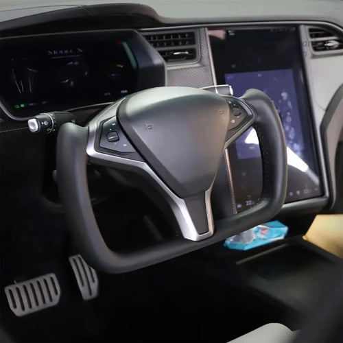 Genuine Full Leather Heated Yoke Steering Wheel Direct Replacement Custom Racing Style Interior Upgrade Accessories Fit for Tesla 2012-2020 Model S Model X