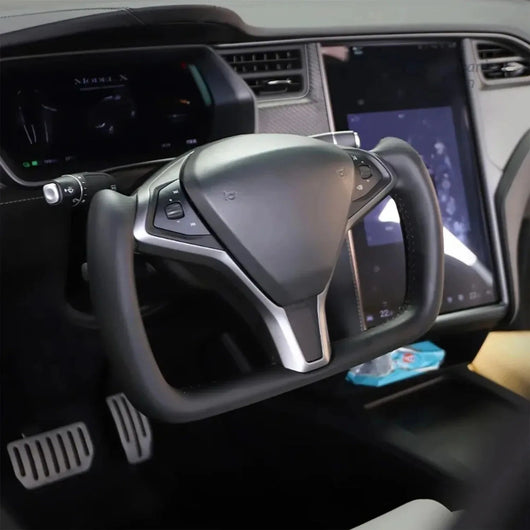 Genuine Full Leather Heated Yoke Steering Wheel Direct Replacement Custom Racing Style Interior Upgrade Accessories Fit for Tesla 2012-2020 Model S Model X