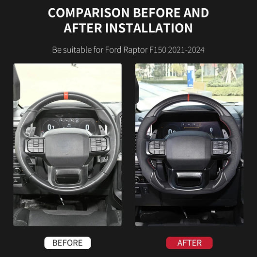 Real Carbon Fiber Flat Bottom Steering Wheel, Perforated Leather Grip Direct Replacement Upgrade for Ford F-150 Raptor 2021-2025, Track Racing Sport Interior Mod