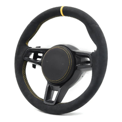 Racing Style Steering Wheel With Yellow Marker Line & Yellow Stitching For Porsche Macan Panamera Taycan Cayenne 718 Cayman Boxster 991 992 911 Upgrade Car Steering Wheel Accessories