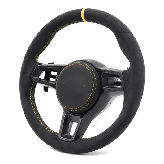 Racing Style Steering Wheel With Yellow Marker Line & Yellow Stitching For Porsche Macan Panamera Taycan Cayenne 718 Cayman Boxster 991 992 911 Upgrade Car Steering Wheel Accessories