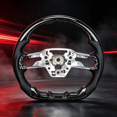 Track Style Flat Bottom Steering Wheel with Black Forged Carbon Fiber & Perforated Sport Grips, Car Modification Replacement Parts Fit for Ford Mustang 2024-2026 S650 GT Dark Horse EcoBoost