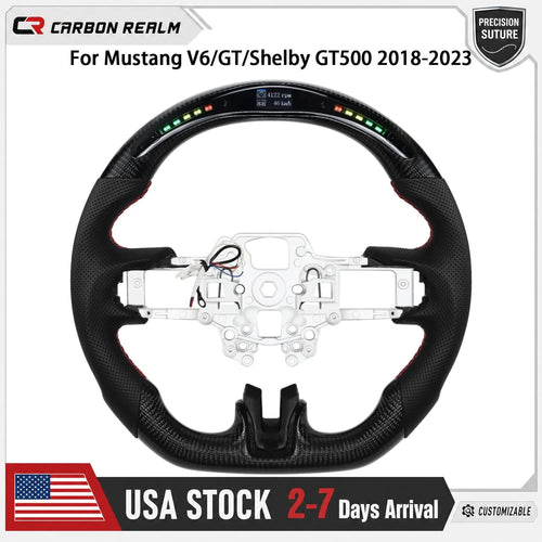 Real Carbon Fiber Steering Wheel For Ford Mustang V6/GT/Shelby GT500 2018-2023 D-shaped Nappa Perforated Leather LED Display Shift Indicator Flat-bottom Steering Wheel