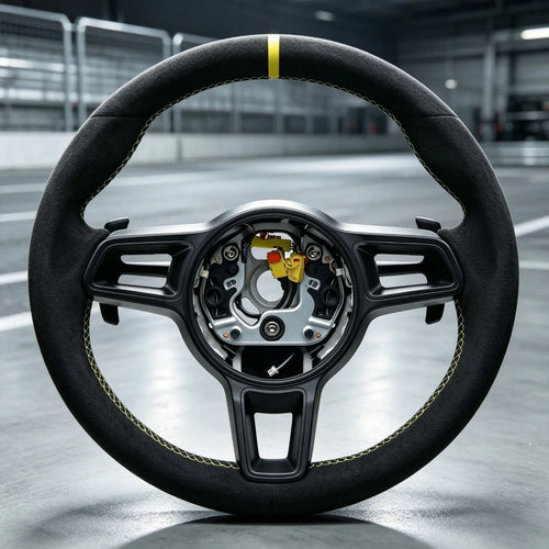 Racing Style Steering Wheel With Yellow Marker Line & Yellow Stitching For Porsche Macan Panamera Taycan Cayenne 718 Cayman Boxster 991 992 911 Upgrade Car Steering Wheel Accessories